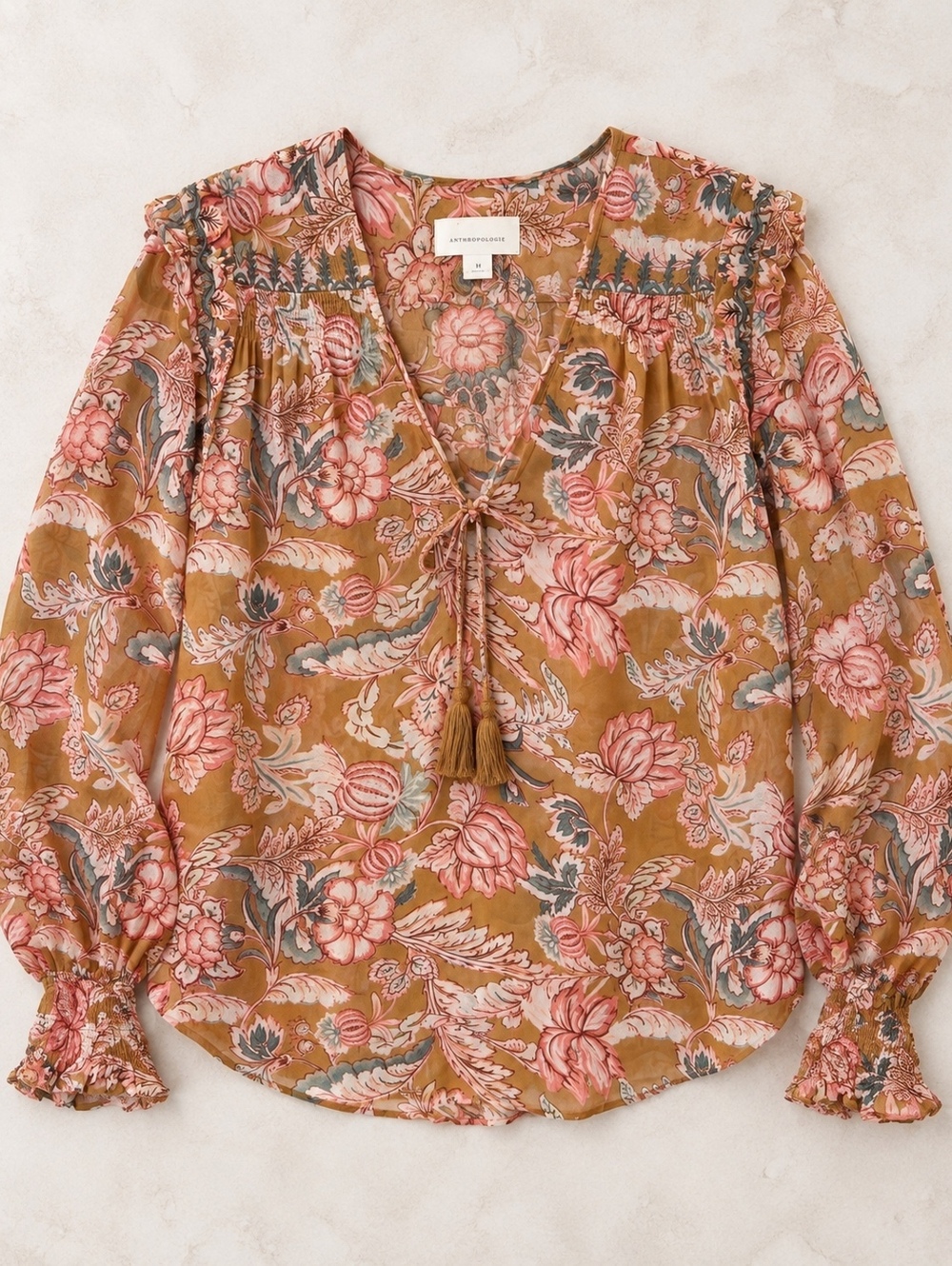 Anthropologie Floral Blouse Brown Large Boho